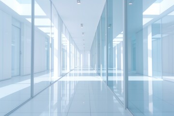 Sticker - A long hallway with glass walls and a bright light. Generative AI.