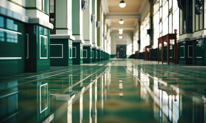 Wall Mural - A long hallway with green and white tiles. Generative AI.