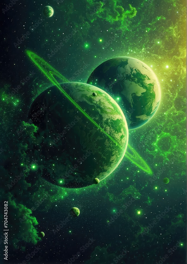 green glowing planet with rings and smaller planets in a starry space ...