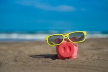 Cute Little Pig On The Beach Saving For Vacations