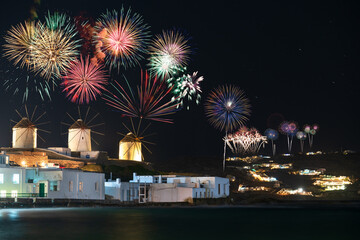 Canvas Print - Fireworks display near Windmills of Mykonos island. Greece