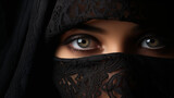 Fototapeta  - Portrait of woman in traditional veil with intricate lace detailing. Her eyes are the focal point