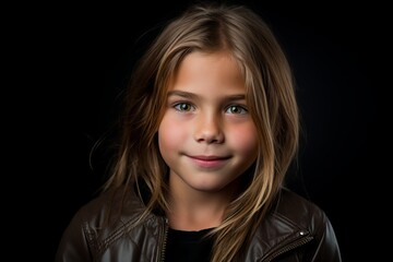 Portrait of a cute little girl on a black background. Close-up.