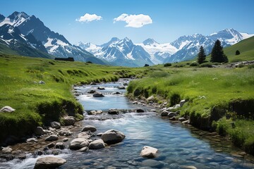 Wall Mural - Alpine valley with river and mountains