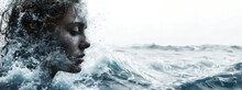 Woman's Face Blends With Turbulent Ocean, Depicting Inner Strength And Resilience.