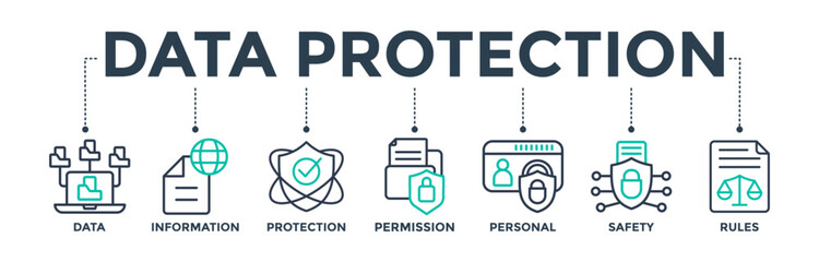 Data protection banner web icon concept with icons of data, information, protection, permission, personal, safety, and rules. Vector illustration 