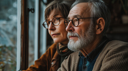 Wall Mural - Elderly couple, both wearing eyeglasses, looking out a window. 