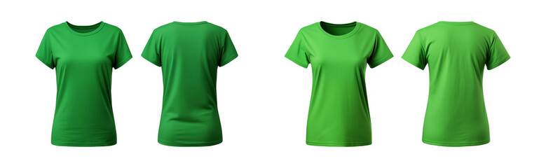 Wall Mural - realistic set of female green t-shirts mockup front and back view isolated on a transparent background, cut out
