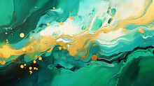 Fluid Art Texture Design. Background With Floral Mixing Paint Effect. Mixed Paints For Posters Or Wallpapers. Gold And Emerald Green Overflowing Colors. Liquid Acrylic Picture That Flows And Splash