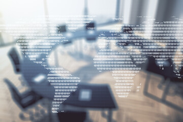 Wall Mural - multi exposure of abstract creative digital world map hologram on a modern conference room backgroun