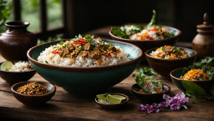 a tempting spread of Rice Thai dishes arranged artfully on a rustic wooden table highlight the vibrant colors and textures that make Thai cuisine a visual delight