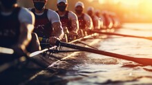 Men's Rowing Team In Action Morning On The River. Generative Ai