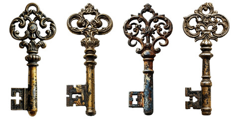 Set of vintage golden keys isolated transparent background. PNG collection