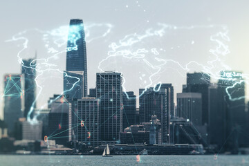 Wall Mural - multi exposure of abstract creative digital world map hologram on san francisco skyscrapers backgrou