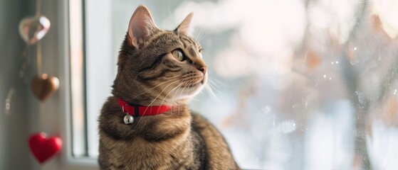 Canvas Print -  a cat sitting on a window sill looking out of a window with hearts hanging on the window sill.