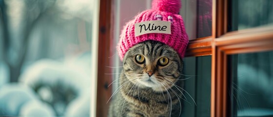 Wall Mural -  a cat wearing a pink knitted hat with a name tag on it's head sitting on a window sill.