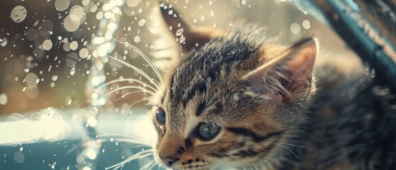 Wall Mural -  a close up of a kitten near a window with water droplets on the glass and a tree in the background.