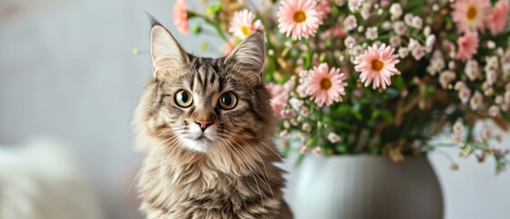 Wall Mural -  a close up of a cat next to a vase with flowers in it and a cat staring at the camera.