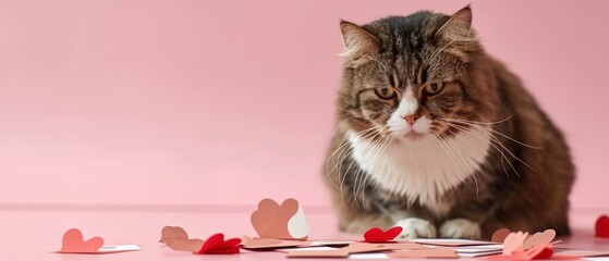 Poster -  a cat sitting on top of a table next to a bunch of heart shaped pieces of paper on the floor.