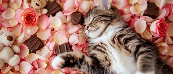 Wall Mural -  a cat laying on top of a pile of pink and white flowers next to a  bear and a  bear. 