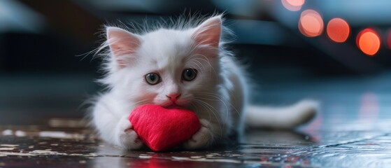 Wall Mural -  a white kitten with a red heart in its mouth sitting on the floor in front of a blurry background.