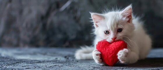 Wall Mural -  a white kitten holding a red heart in it's paws and looking at the camera with a serious look on its face.