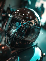 Wall Mural -  a close up of a shiny helmet on a shiny surface with a reflection of the helmet on top of it.