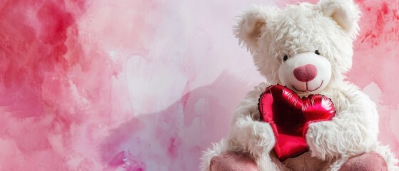 Wall Mural -  a white  bear with a red heart sitting on a pink and pink background with a pink wall behind it. 