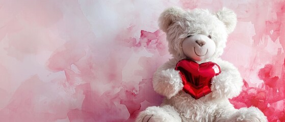 Wall Mural -  a white  bear with a red heart on it's chest sitting in front of a pink and pink background.