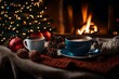 Compose a cozy winter setting with a cup of hot cocoa or hot chocolate placed on a knitted backdrop, surrounded by the festive glow of a fire tree and a gentle flurry of snowflakes.