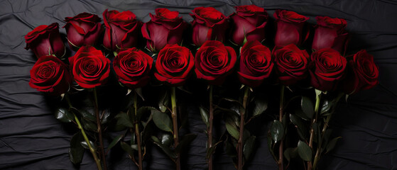 Natural and fresh dark red roses bunch on dark surface. Garnet flowers wallpaper or background. Generative AI.