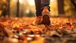 Cinematic close-up, a person's shoes stepping on autumn leaves