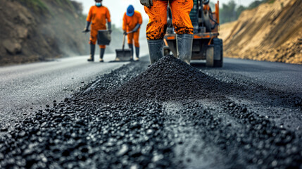 asphalt pavement workers working on asphalt road,Construction site is laying new asphalt road pavement,road construction workers and road construction machinery scene