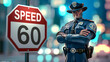 Policeman standing by a 60 mph speed limit sign at night with city lights in the background.