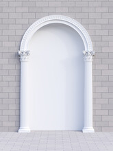 Elegant White Arch With Corinthian Style Column Decorated In A Gray Brick Wall With Empty Frame For Content 3d Render