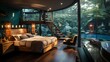 Modern bedroom interior design with large curved glass windows overlooking a lush green jungle and a river