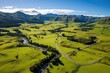 Capture the breathtaking beauty of a luscious green valley from above, showcasing a tranquil and captivating scenery., Road in the countryside of Waikato, aerial drone view, AI Generated, AI Generated