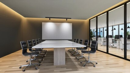 Wall Mural - Animation of modern contemporary meeting room interior with city view 3d render, There are wooden floor furnished with white chair and glossy white top table overlooking office working area behind