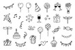 a set of black outline icons for event party celebration festival ceremony anniversary, Valentine's day
