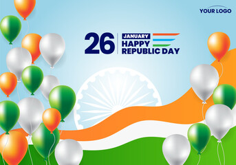 Canvas Print - 26 january republic day of india celebration with wavy indian flag and balloons vector