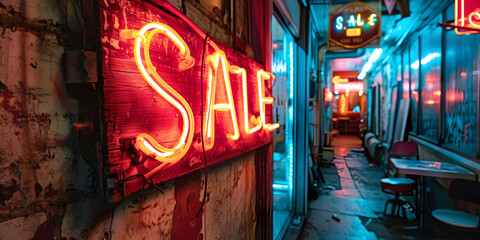 Wall Mural - sale neon sign n street wall at night