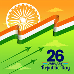 Wall Mural - 26 january republic day of india celebration with wavy indian flag and fighter jets vector