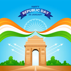 Wall Mural - 26 january republic day of india celebration with wavy indian flag and india gate vector