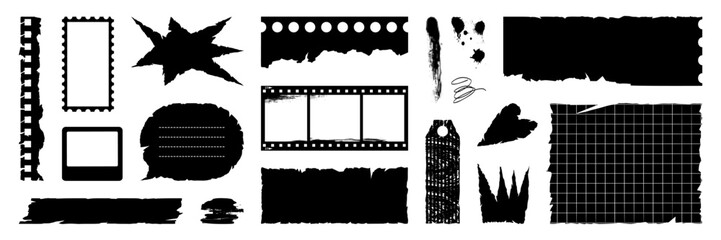 Wall Mural - Set of grunge torn paper, film strip, jagged rectangle. Heart, star and crown shape. Punk elements for sticker, collage, banner. Vector illustration isolated on white background.