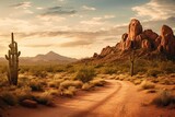 Fototapeta  - Photo of a serene desert landscape with cacti. Generative AI