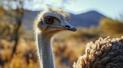  a close up of an ostrich's head with a blurry background of grass and trees in the foreground.