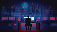 Cybersecurity With A Vector Scene Featuring Cybersecurity Professionals Monitoring Networks, Analyzing Logs, And Responding To Potential Threats In Real-time. 
