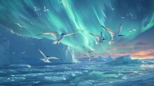  A Group Of Birds Flying Over An Iceberg Under A Sky Filled With Green And Blue Aurora Aurora Bores.