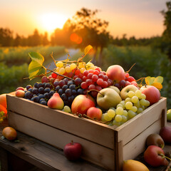 Wall Mural - Various kinds of fruits harvested in a wooden box in an orchard with sunset. Natural organic fruit abundance. Agriculture, healthy and natural food concept. Horizontal composition.