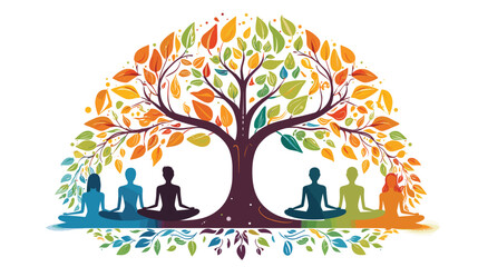 Wall Mural - mindfulness within yoga with a vector art piece featuring scenes of individuals in prayerful poses, connecting with their spiritual selves. 